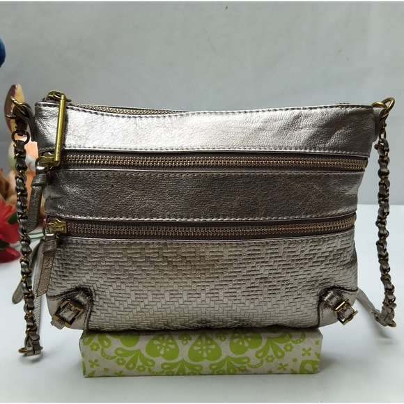 Elliott Lucca Metallic Gold Leather Zipper Closure Small Crossbody Bag - Picture 1 of 16